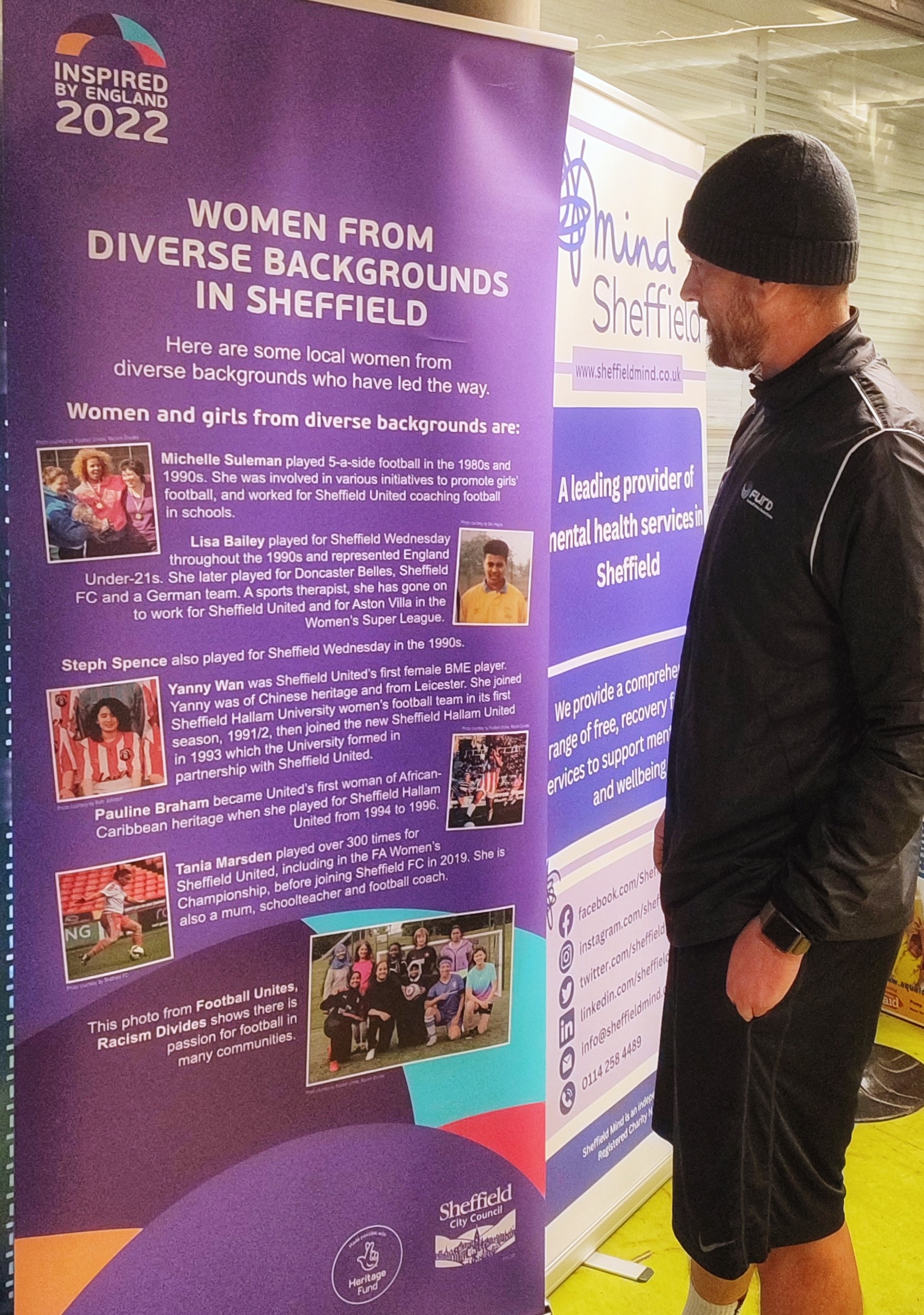 Stoppage Time: Sheffield BME female football pioneers - Keith with banner