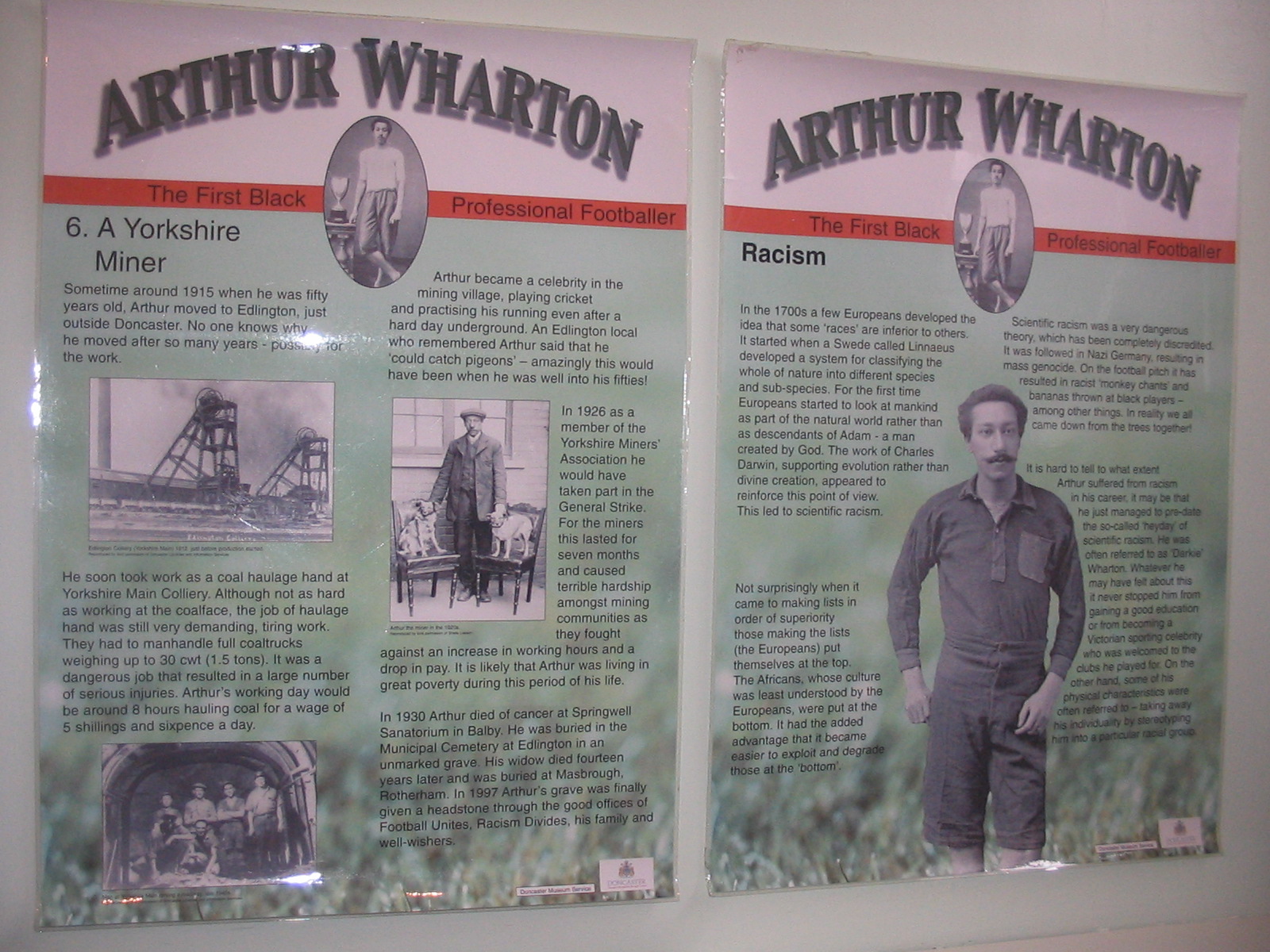 Arthur Wharton Doncaster Museum exhibition panels - 2 panels from the Arthur Wharton exhibition produced by Doncaster Museum.