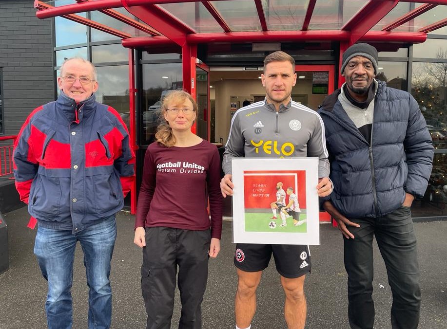 Billy Sharp presentation - Billy Sharp being presented with 'Shoulder to Shoulder' by John Wilson, Simon and Ruth, 9th December 2021.