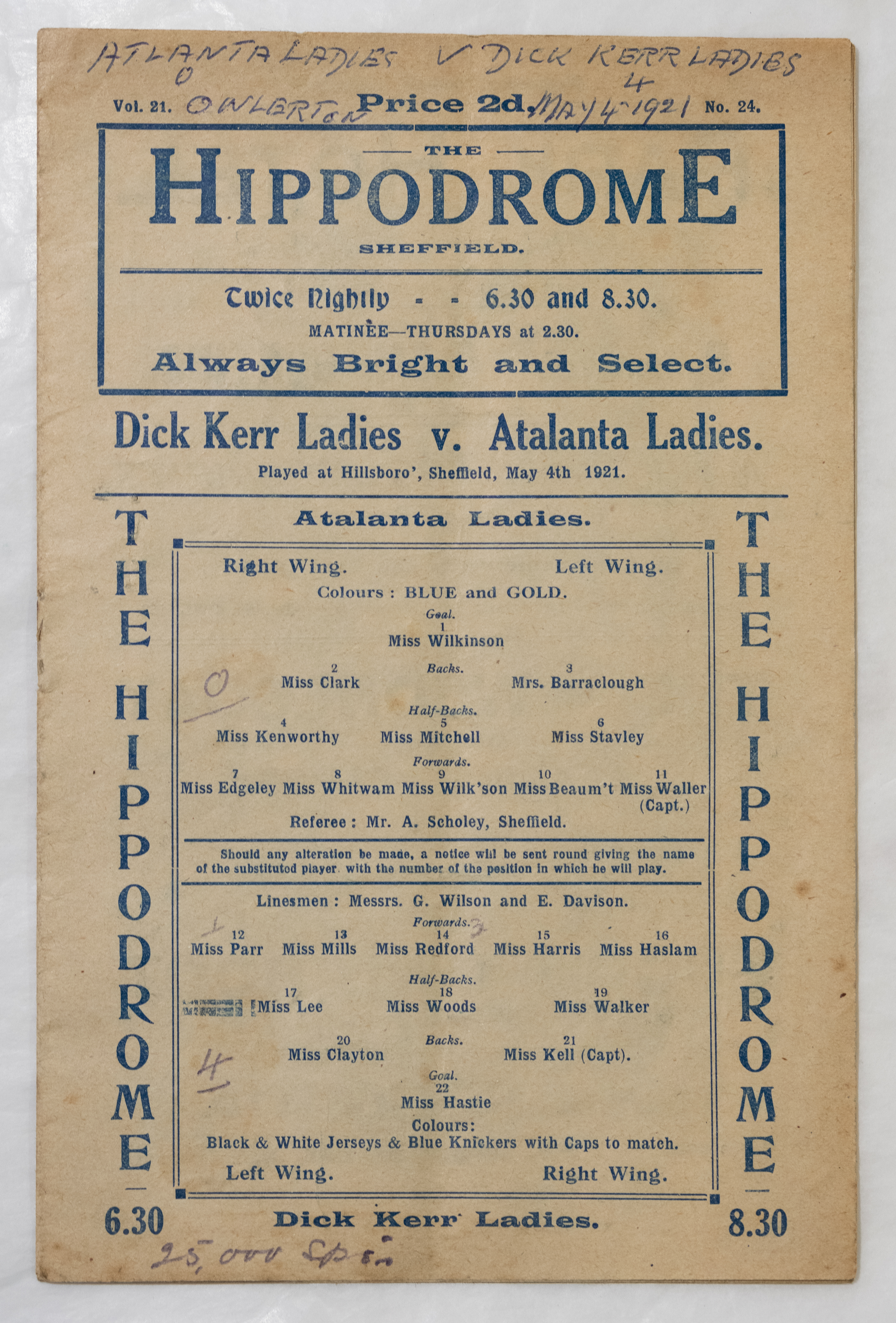 Dick Kerr Ladies v Atalanta at Hillsborough programme