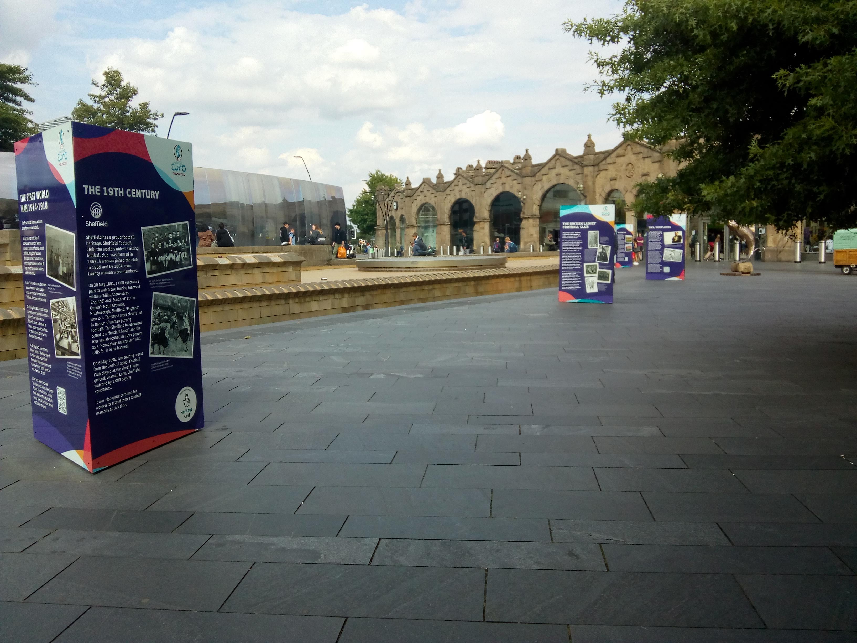 Four monoliths outside Sheffield station