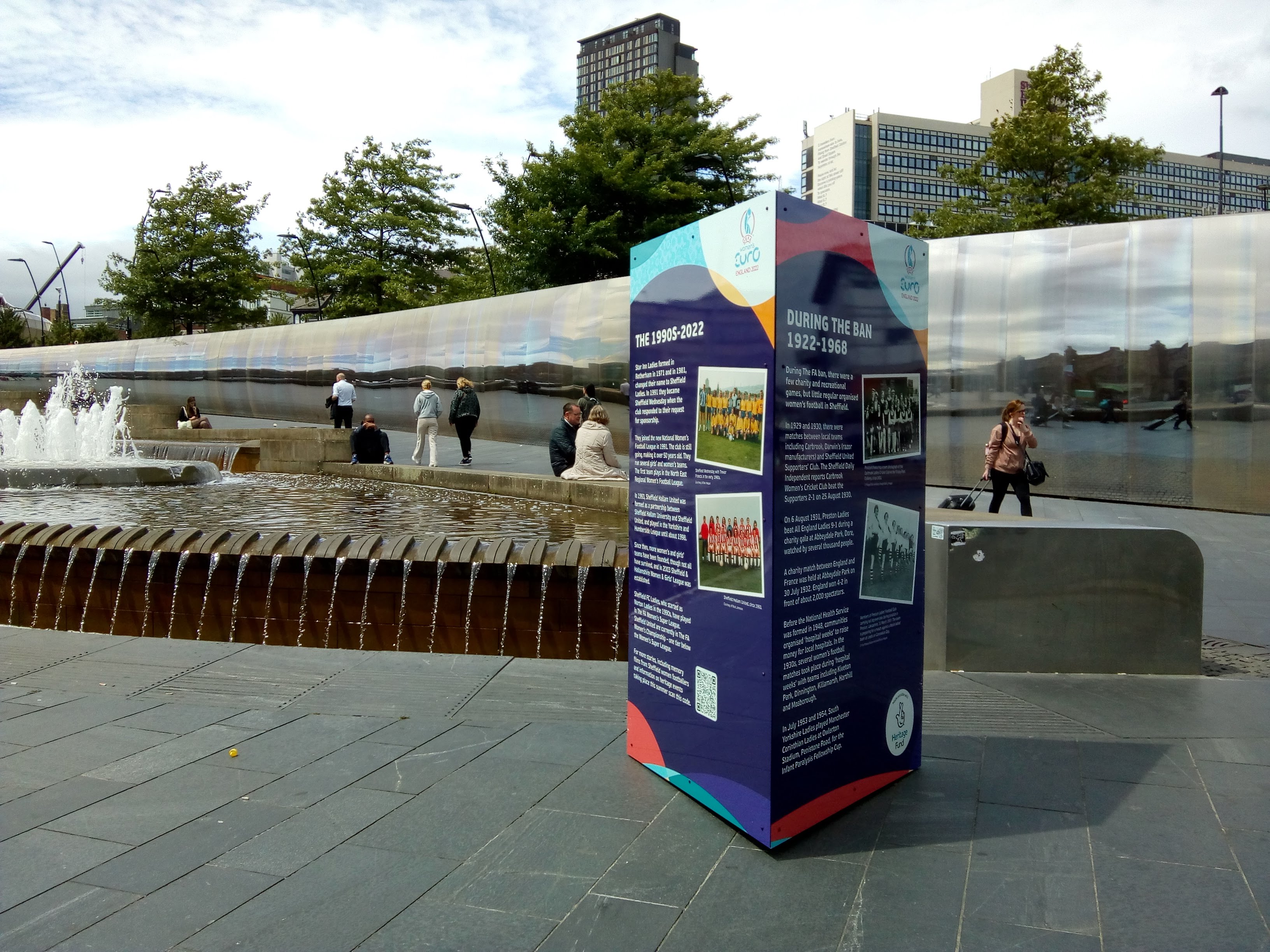 Sheffield HLF monolith - One of two three-sided panels about Sheffield women's football history outside Sheffield train station.