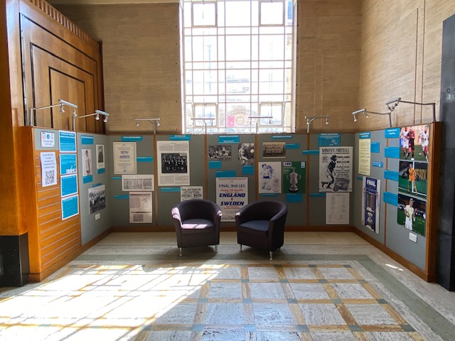 Stoppage Time exhibition in Sheffield Central Library foyer - Stoppage Time: Sheffield women's football herstory exhibition in Sheffield Central Library foyer