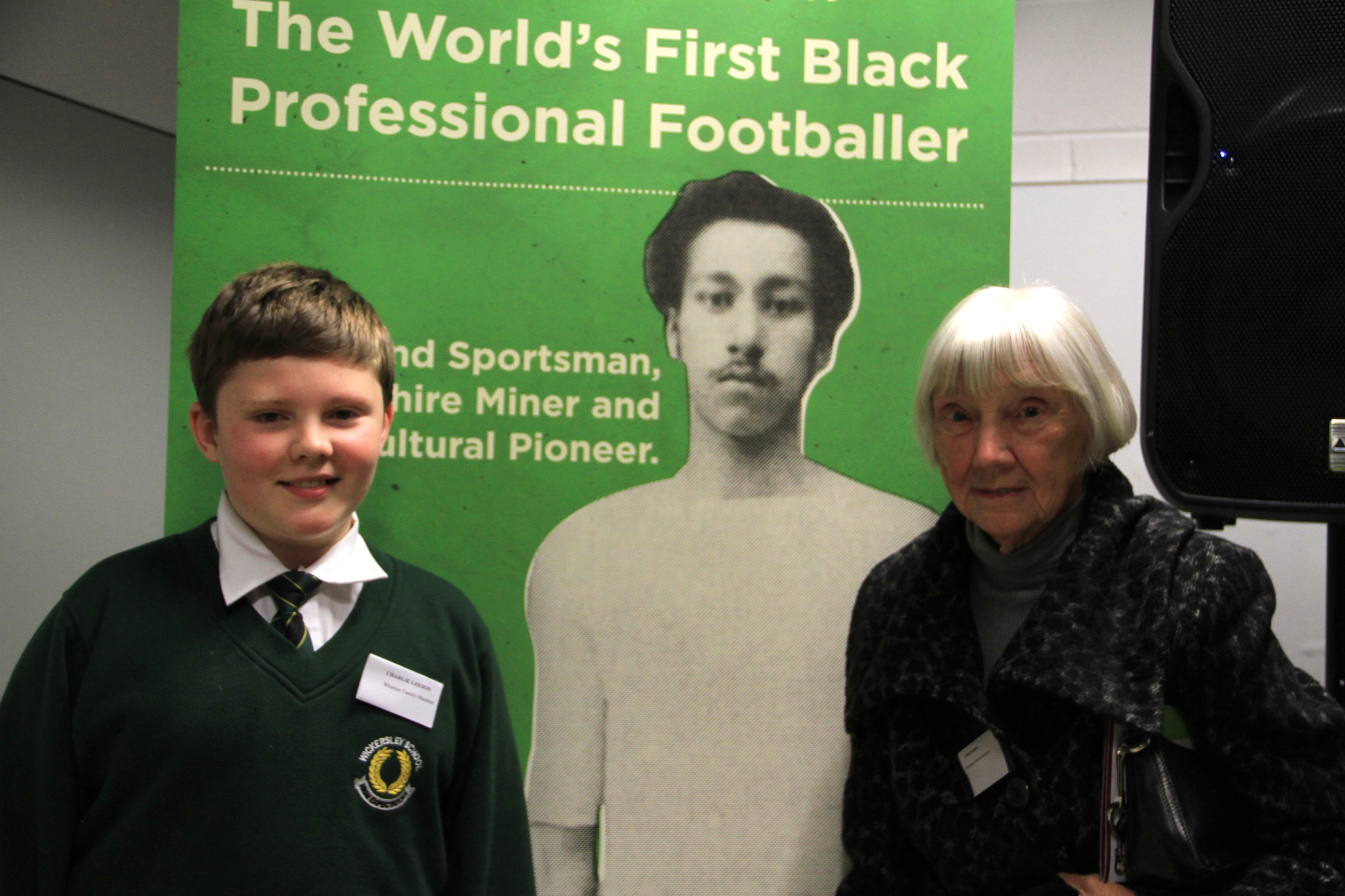 Sheila and Charlie Leeson with FURD's Arthur Wharton exhibition - Sheila and Charlie Leeson with FURD's Arthur Wharton exhibition at the AW Heritage Project resources launch, U-Mix Centre, 28th November 2013.