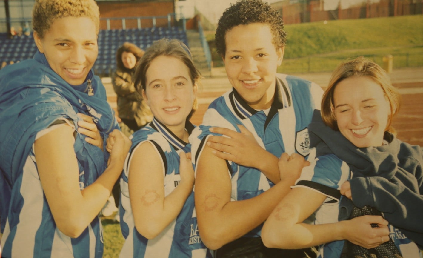 Lisa Bailey, Fletch, Steph Spence and Kelly Biney - Left to right: Lisa Bailey, Michelle Fletcher, Steph Spence and Kelly Biney, late 1990s. Woodbourn Road, Sheffield.