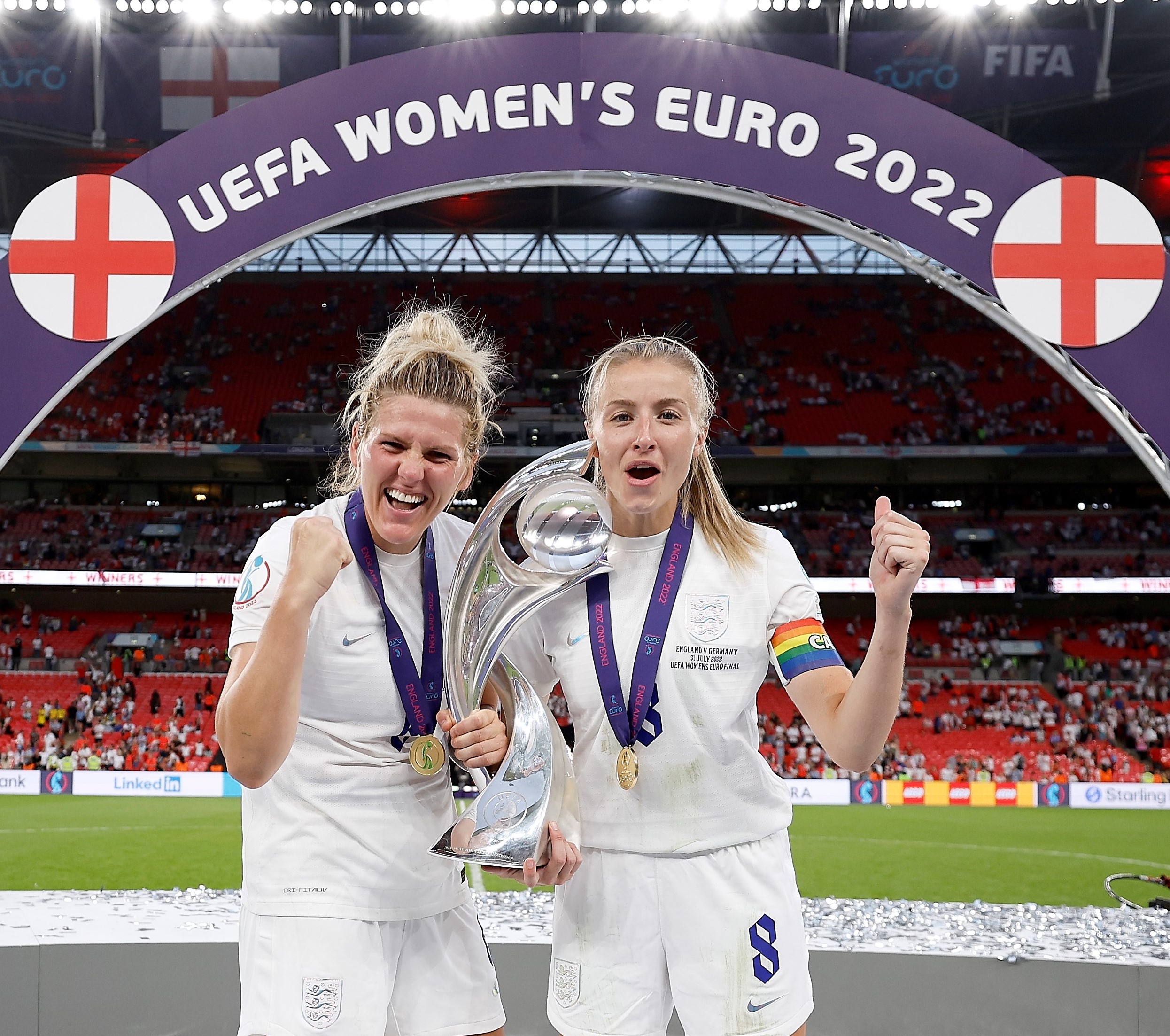 Millie Bright and Leah Williamson after the Euros final - Millie Bright and Leah Williamson after winning the Euros final, Wembley. July 2022.
