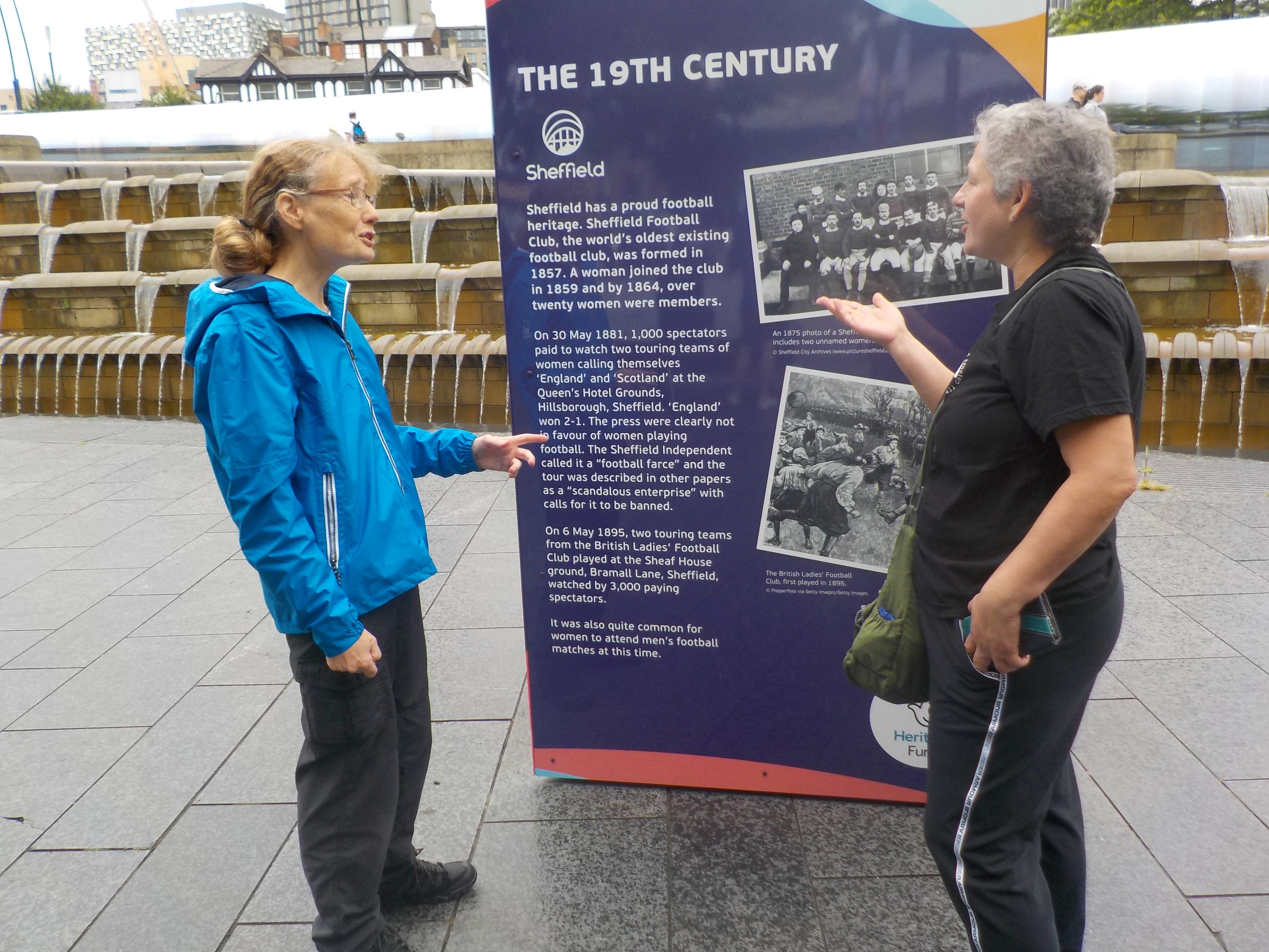 Sheffield women's football history monolith 1 - Sheffield women's football history monolith 1 outside Sheffield station with Ruth Johnson and Elaine Williams.